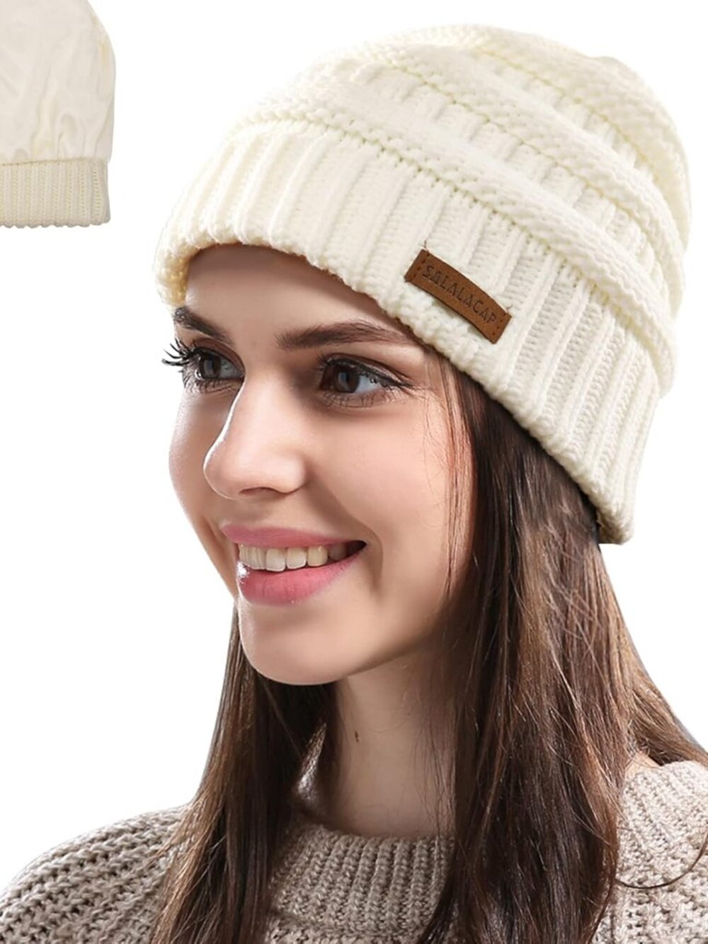 Womens Satin Lined Winter Beanie Cable Knit Beanie for Women Silk Lining Thick C